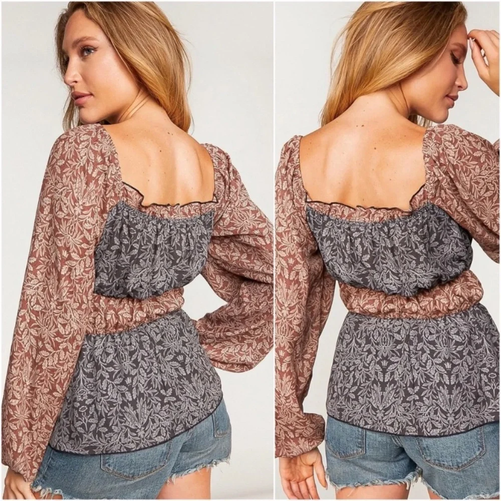 New Women’s Charcoal And Rust Floral Long Sleeve Spring Blouse Top - Picture 3 of 4